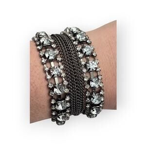 Dark Silver Multi Strand Rhinestone Chain Bracelet Wide Cuff Modern Glam